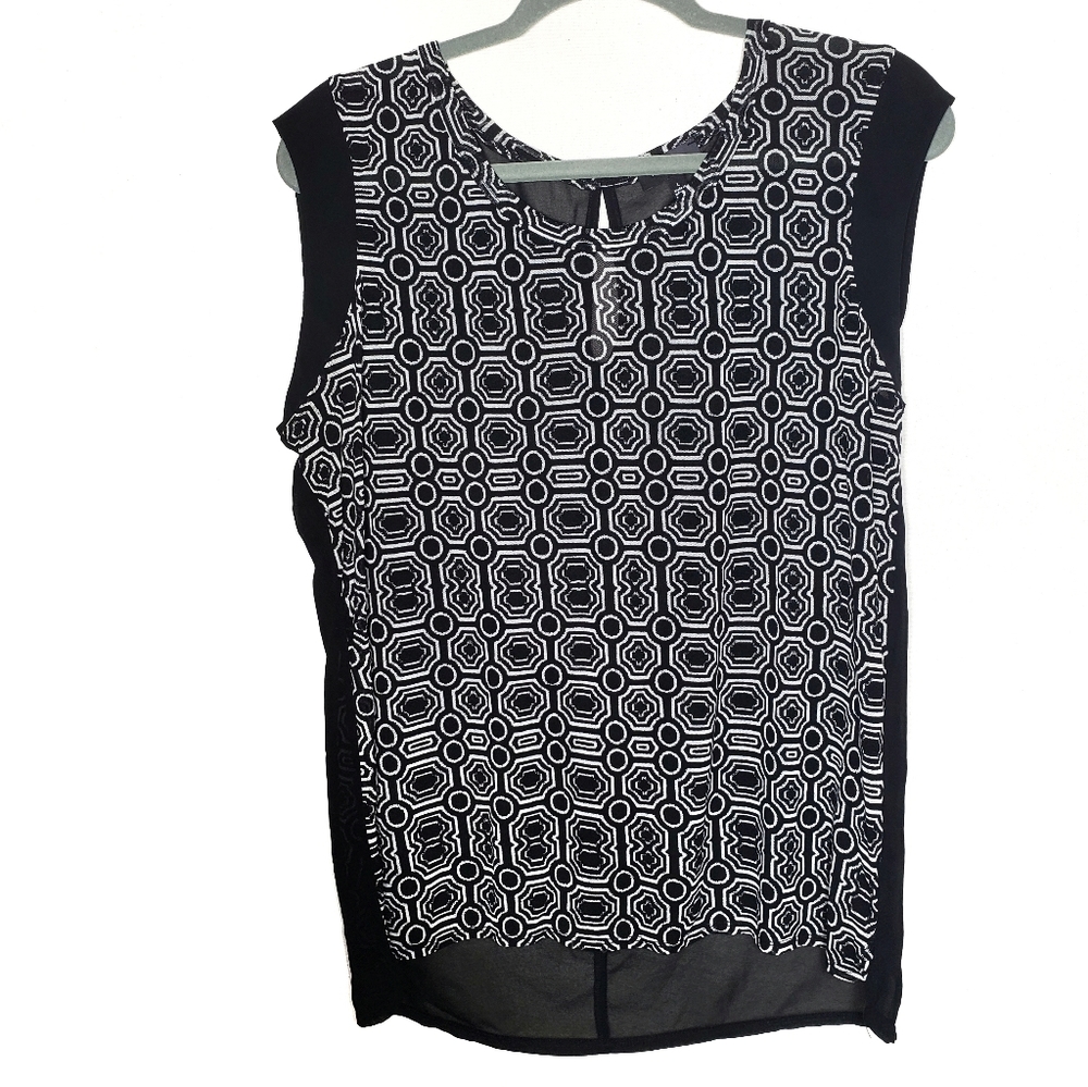 Black white geometric sheer sleeveless tank top L